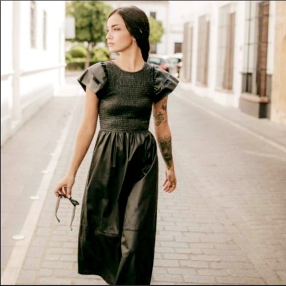 Zara Dresses & Skirts - Zara Black Faux Leather Ruffle Effect Smocked Midi Dress